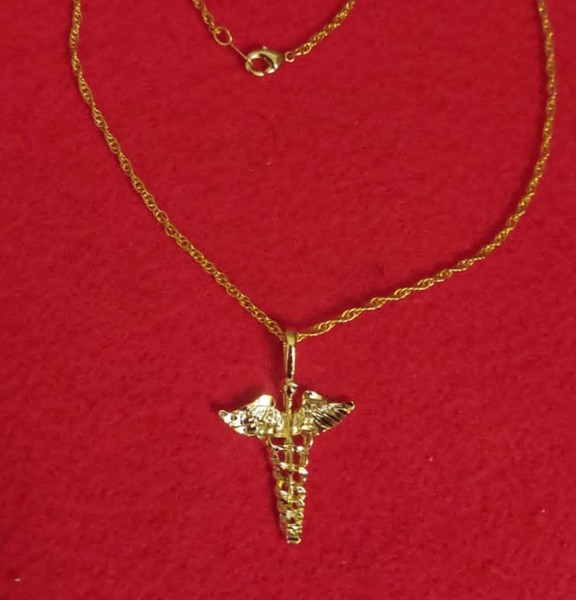 Alternate view of 14kt Gold Plated Caduceus Charm Pendant With 30" Rope Chain Necklace 2735