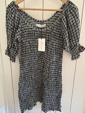 Faithfull the Brand Women’s New Black Check Smock Midi Dress Puff Sleeve 4 NWT