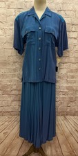 Vintage Carole Little Sport Blouse Skirt Set Medium Blue Pleated MIDI
