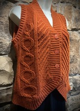 Vintage 1960  s Zado Chunky Cable Knit Button Front Vest, Large, Orange