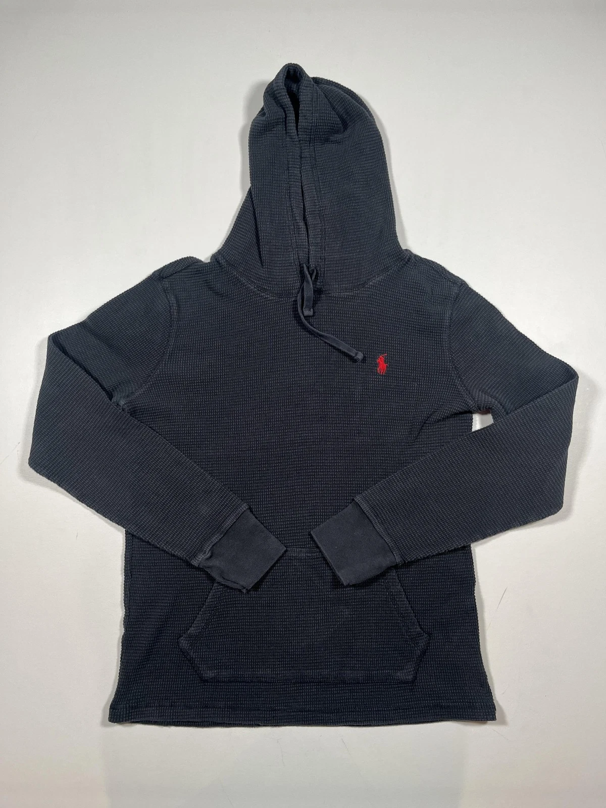 Polo Ralph Lauren Hoodie Mens Medium Gray Waffle Knit Thermal Pullover Red Pony
