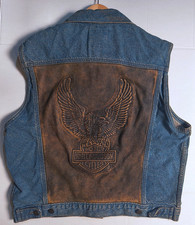 Vintage Harley Davidson Denim Leather Vest Back Patch Size Medium, Made in US