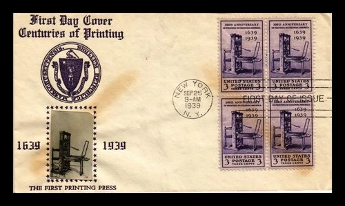 US COVER PRINTING 300TH ANNIVERSARY FDC SCOTT 857 BLOCK OF 4 CROSBY PHOTO