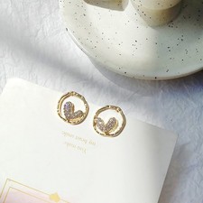 Bling Rhinestone Heart Stud Earrings Women Cute Gold Round Fashion Jewelry