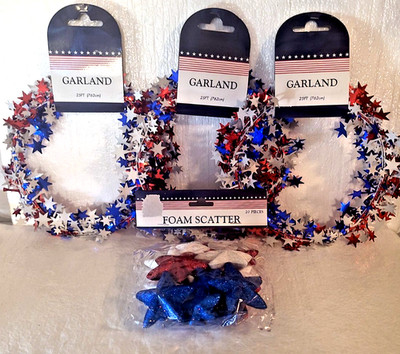 Set 4 Patriotic Wired Garlands 25 Ft Red White & Blue & Foam Scatter July 4th