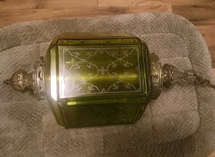 Antiguo colgante de luz de vitral verde y latón, grande Foto 4 de 4