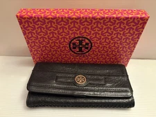 TORY BURCH Vintage Solid Black Soft Leather Envelope Flap Wallet with Box