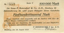 Hamburg P. Beiersdorf 500 Tausend Mark 1923 fast Kfr. Serie C