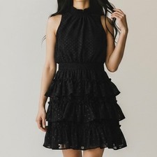 Womens Black Metallic Dot Smocked Tiered Ruffle Mini Dress Sz M Party Date Night