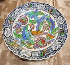 Handmade Turkish Large 17" Center Bowl/Wall Hanging Colorful Flower Bird Rooster