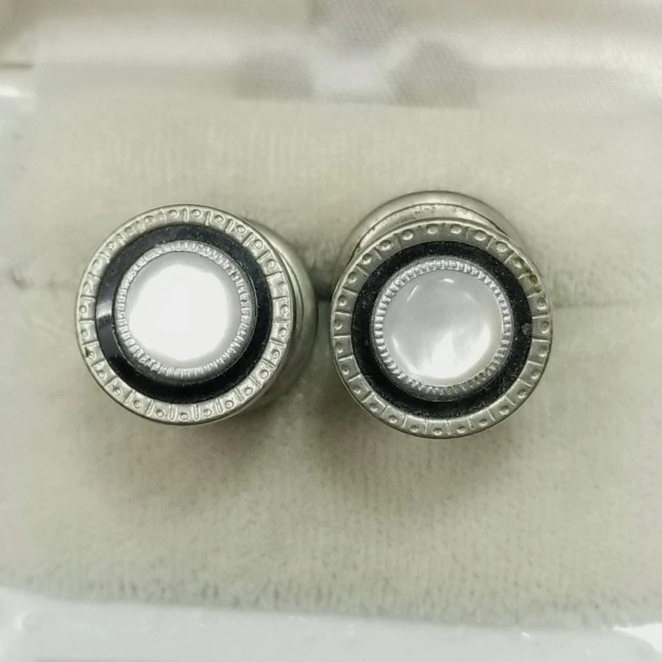 Vintage Black Enamel Snap Link Cufflinks Mother of Pearl Silver Tone Art Deco - Image 3 of 4