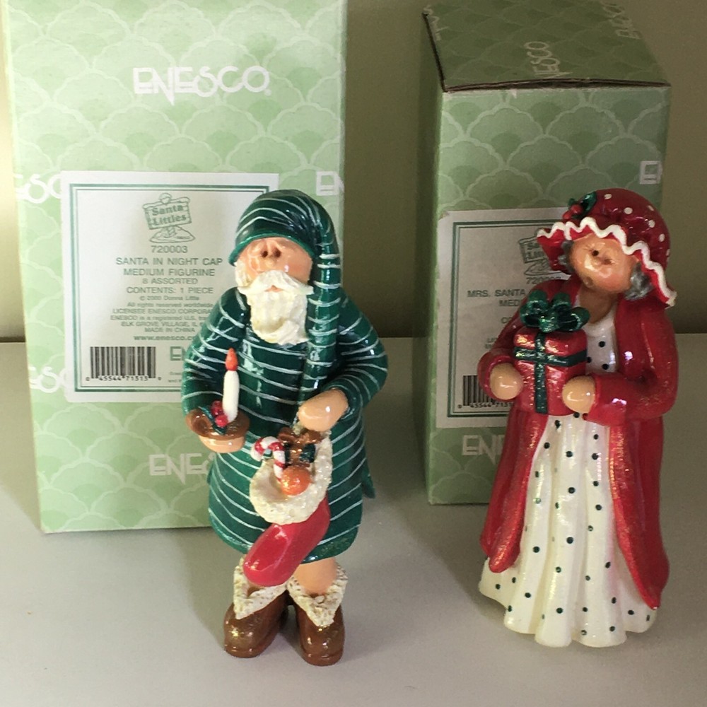 2 Santa Littles Figurines-Mrs Santa in Night Dress & Santa in Night Cap