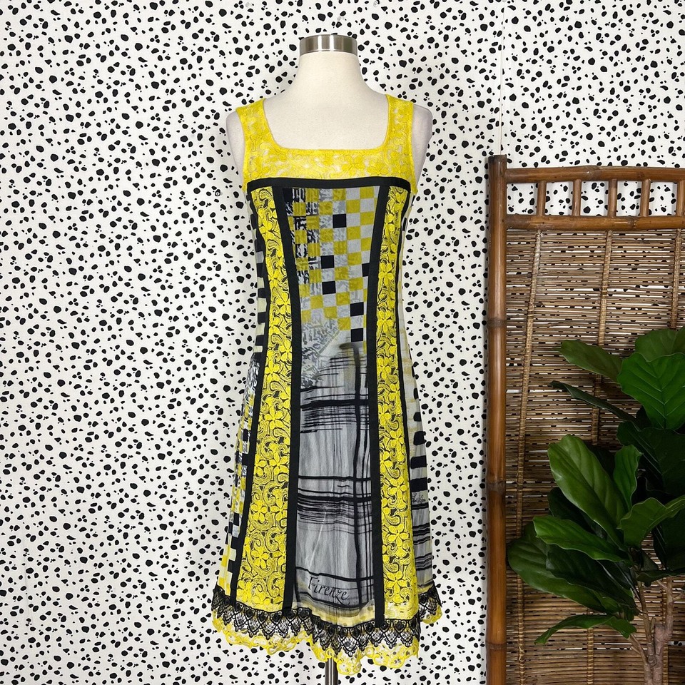 Save The Queen Abstract Print Black Yellow White Mesh LAce Designer
