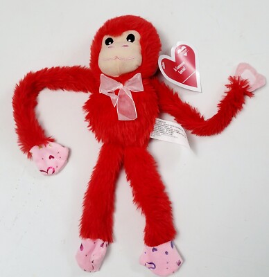 1 Red Plush Hanging Monkey STUFFED ANIMAL 16  Soft Monkeys VALENTINES DAY HEARTS