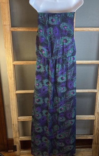 Kirra Woman's Maxi Peacock Sun Dress Sz XL, 15-20x53 Strapless Crepe Flowy BOHO - Picture 8 of 13