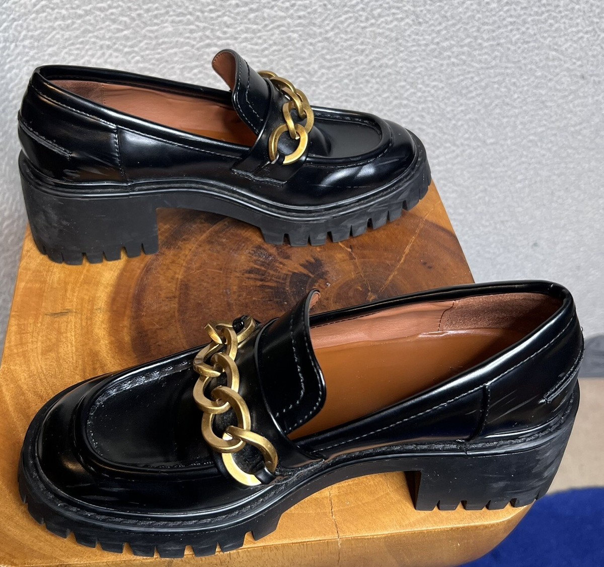 Zara Chunky Platform Penny Loafers With Gold Chain Vegan Leather 