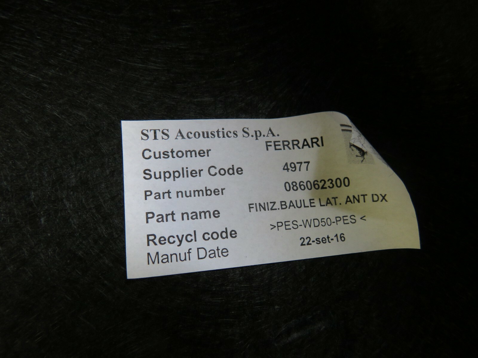 Ferrari California T, RH, Right, Trunk Carpet, Used, P/N 86062300