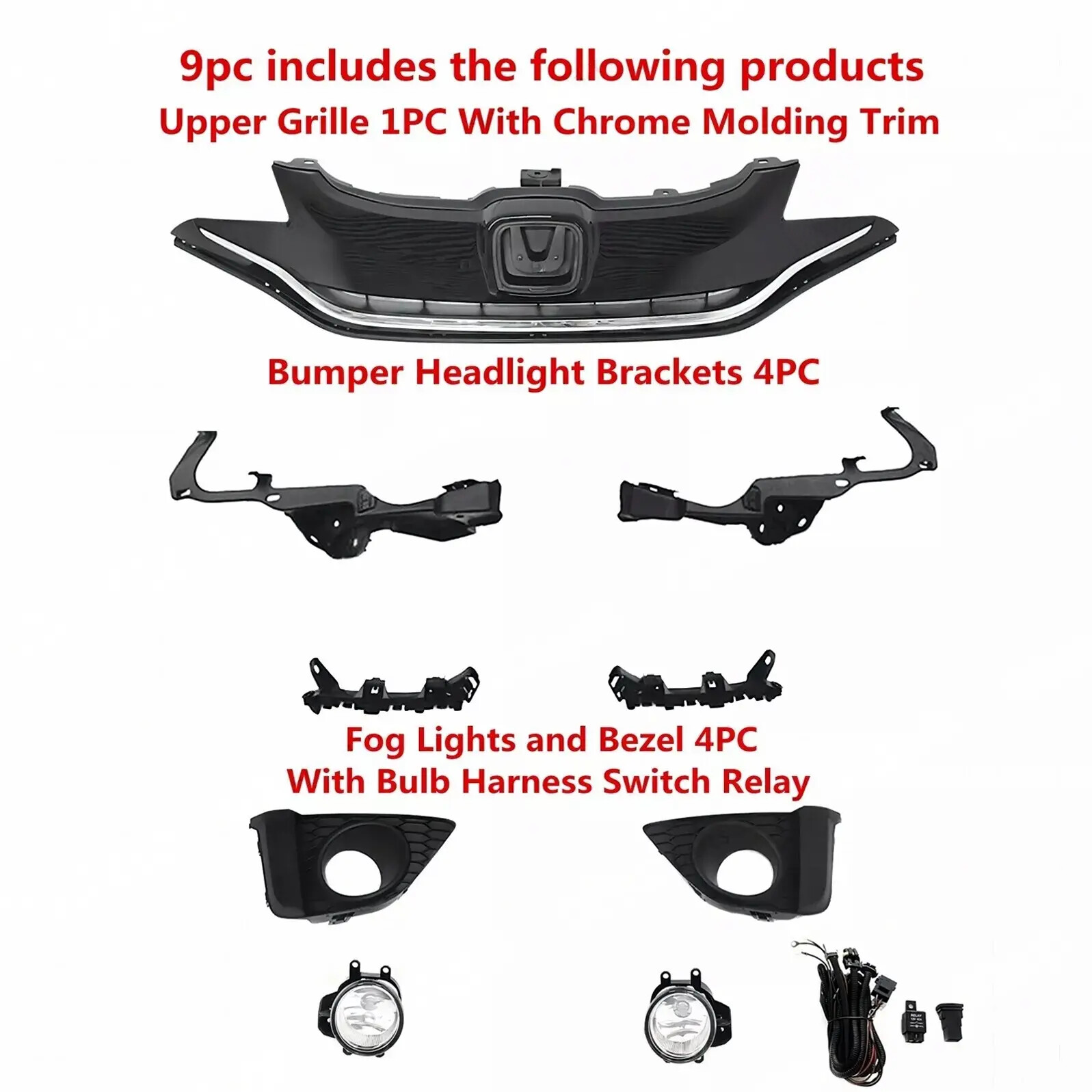 For Honda FIT EX 2015-2017 Front Bumper Upper Grille + Fog Light Kit+4 Brackets