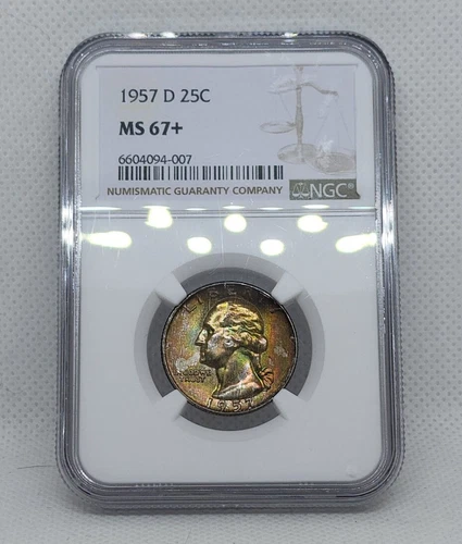 1957 D Silver Washington Quarter NGC MS67+ Plus Rainbow Toned Only 8 Higher