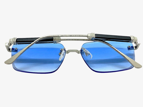 Classy Elegant Modern Sophisticated SUNGLASSES Rimless Silver Frame Blue Lens - Picture 6 of 6