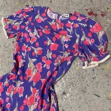 Rixo Floral Bias Cut Maxi Dress Blue Pink Roses Lace Trim Size S