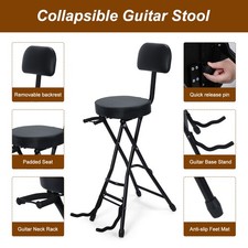 Guitar Stool with Padded Cushion Backrest Folding Chair Integrated Guitar Stand