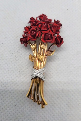 Vintage Signed Brooch Vermeil Red Enamel Rose Dozen Diamonds Flower Bouque Pin - Picture 3 of 6