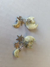 Lunch At The Ritz "Moon & Stars" Celestial Vintage Enamel Pierced Earrings Set