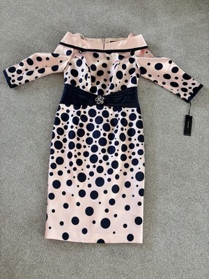 Brandneu mit Etikett Veni Infantino für Ronald Joyce. Apricot/Navy Spot Proto Sample Dress 10