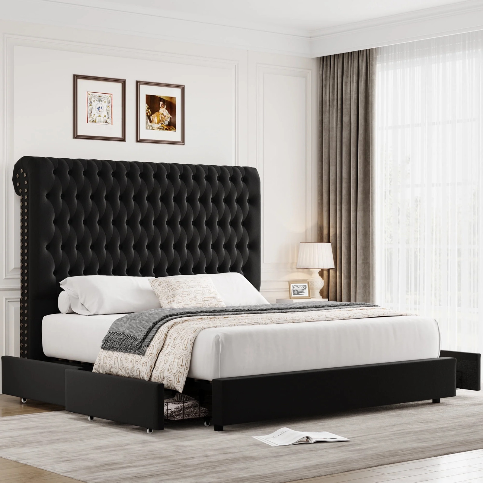 54.7"  King Size Storage Tall Headboard Bed Frame, Upholster