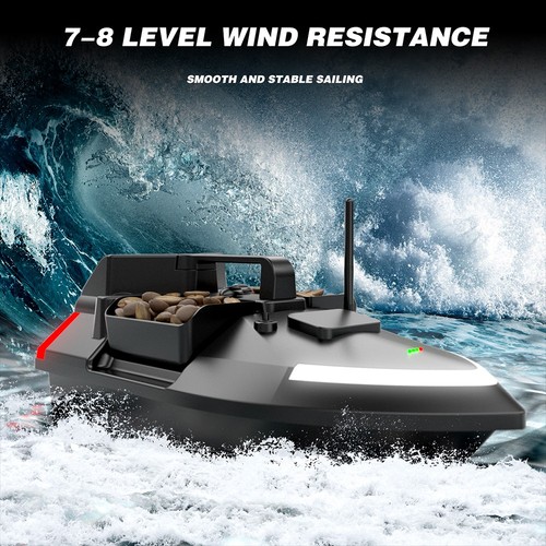 Mermajestic GPS. Barca per mangimi, 500 m, radiocomandata, Dual Motor Fish Finder con luce di navigazione e schermo LED per pesca, doppia struttura del cuscinetto, telecomando 2,4 G, giroscopio a sei