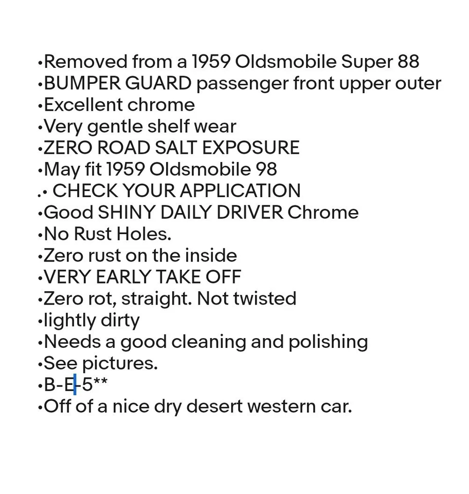Oldsmobile 1959 protector de parachoques exterior superior lado del pasajero delantero 59 88 98 GM OEM  Foto 2 de 4