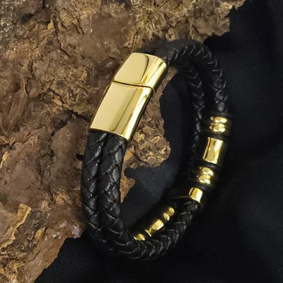 Bracelet En Cuir | Bracelet Tressé - 2 Bandes En Cuir - Détails En Or - Noir - Photo 1/4