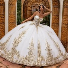 Customized Gold Lace Appliqued Princess Quinceanera Dress White Tulle Girl