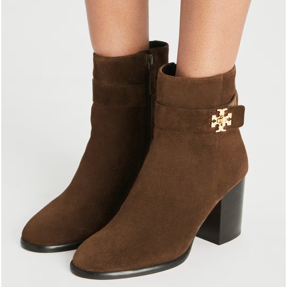 Tory Burch Size 6.5 Brown TURNLOCK HEELED Suede Ankle Boots NEW Gold Logo $500