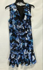 Tahari Arthur S. Levine Women's Blue Floral Ruffle Sleeveless Sheath Dress Sz 10