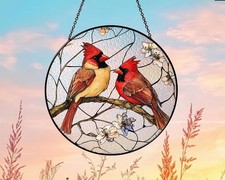 Cardinals Suncatcher Glass Window Decor Bird Art Gift