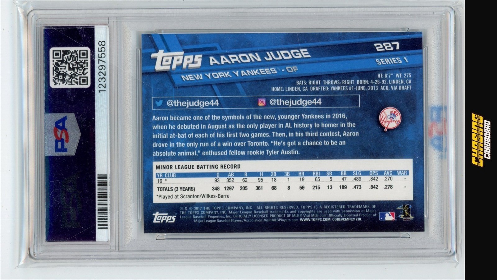 2017 Topps Series 1 AARON JUDGE RC Rookie #287 YANKEES MVP PSA 9 MINT S1355 view 2