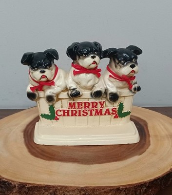 John Wright - Hand Painted Cast Iron Doorstop - Merry Christmas Dogs in Basket
