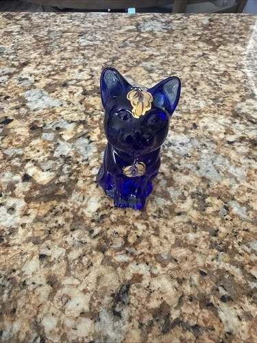 Fenton Cat Glass Figurine Cobalt Blue Hand Painted Gold Leaves Signed