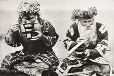 1934 Vintage ASIA Japan Hokkaido Ainu Men Tea Cup Ezo Folk Dress Photo Art 11x14