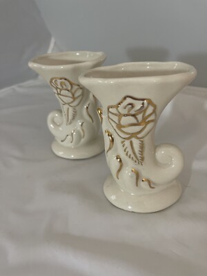 VTG Cornucopia Bud Flower Vase Set Of 2 Cream With Gold Accents Rose *Imperfect