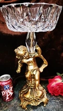 BIG Vintage ORNATE Gold Plate Footed Base CHERUB  Crystal Glass Bowl Compote!