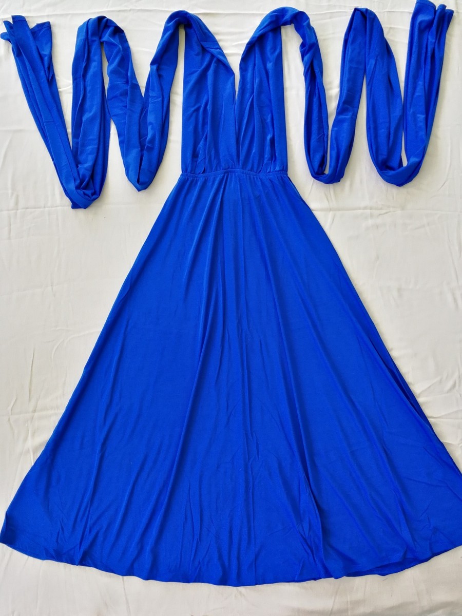 Women's Knit Super Long Tie Halter Neck Dress Athens Blue PS | eBay
