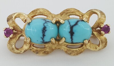 Vintage Persian Turquoise & Ruby 14k Gold Pin Brooch 25.5 mm 