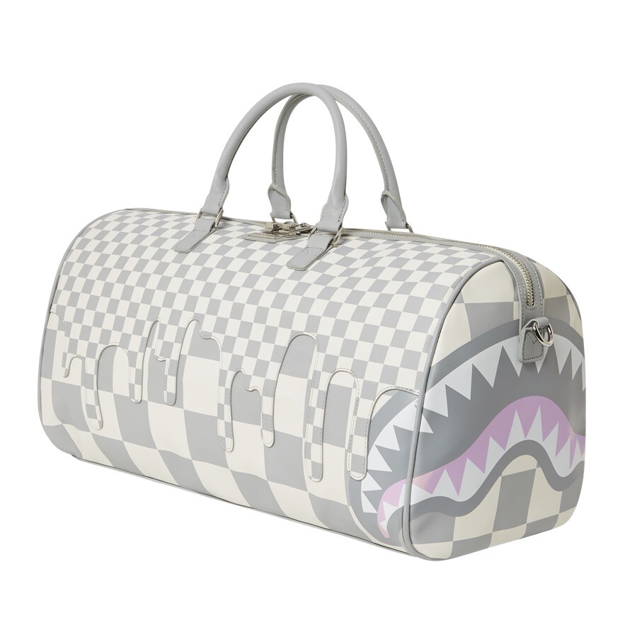 SPRAYGROUND SHARKS PARIS OFF WHITE PINK CHECKERED DUFFLE TRAVEL LARGE BAG D4329