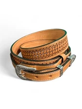Genuine Leather Ranger Belts Western Handtooled Basket Pattern Natural Color