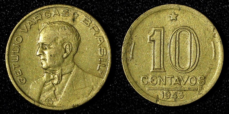 BRAZIL Aluminum-Bronze 1943 10 Centavos WWII Issue VF  KM# 555a.1 (27 656)