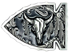 Arrowhead Bull Skull  Feathers Black Enameled Belt Buckle