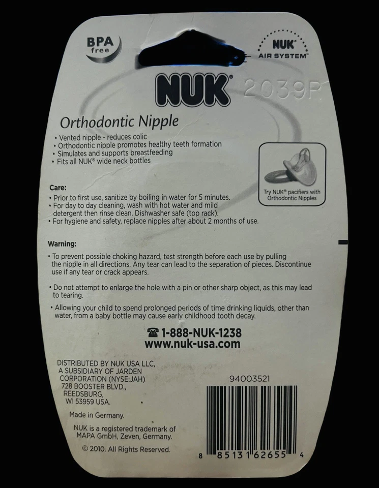NUK Ortodoncia 2 piezas Cuello Ancho Flujo Lento Silicona Pezones 0mo+ Talla 1 Alemania 2010 Foto 2 de 2